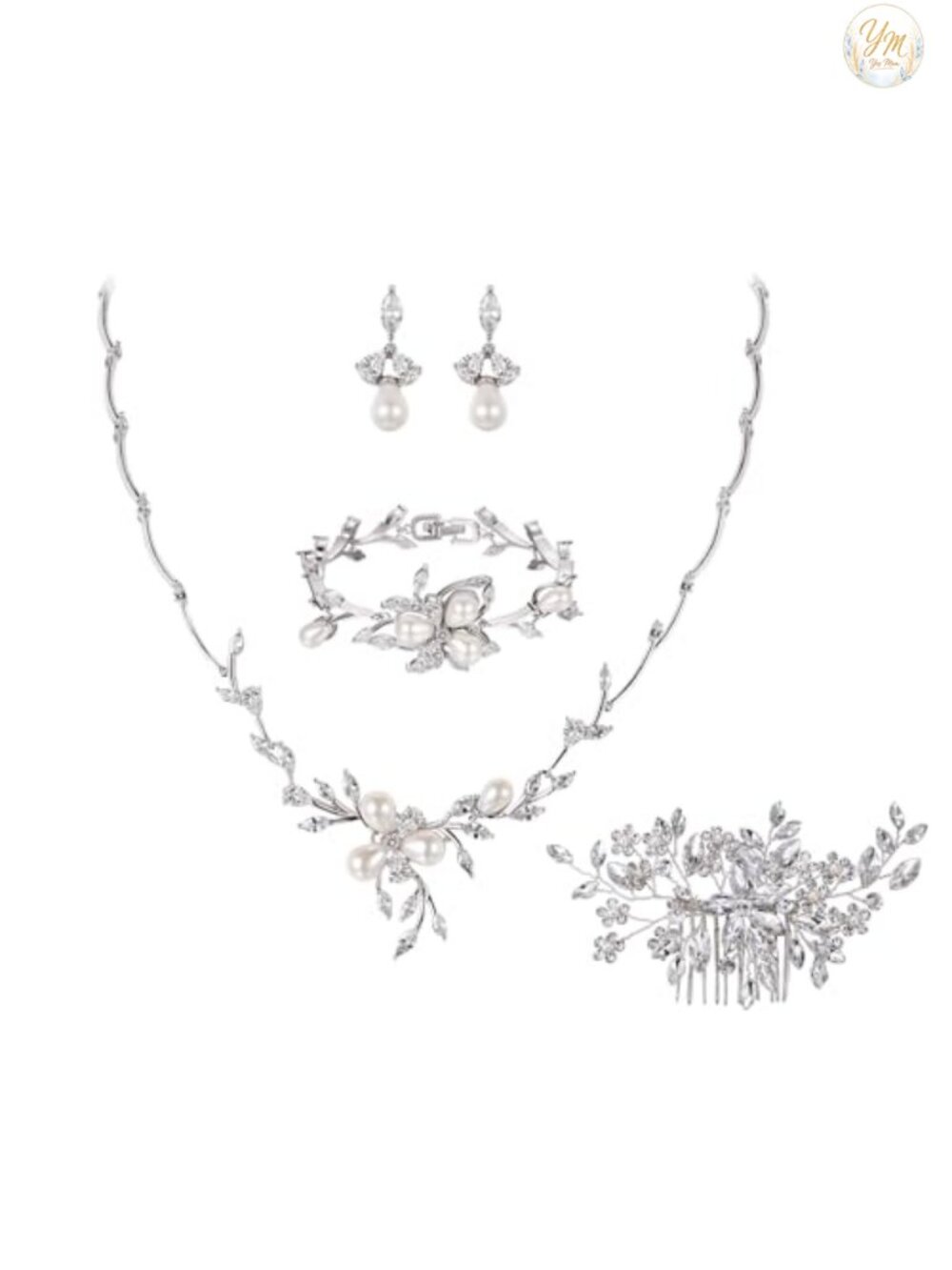 Marquise CZ Faux Pearl Bridal Jewelry Set Necklace Earrings Bracelet Hair Comb